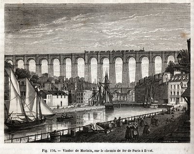 Viaduct van Morlaix, op de spoorlijn van Parijs naar Brest (Frankrijk). Gravure door Lebreton en Marchand, in 