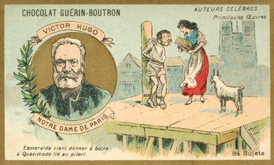 Victor Hugo, Franse auteur, en een scène uit zijn roman Notre Dame de Paris door French School