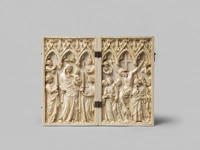 Vierge Glorieuse en Kruisiging diptiek met latere ebbenhouten achterkant, 14e eeuw door French School