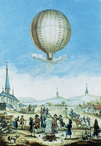 Uitzicht op Annonay in Vivarais en de eerste vlucht van de Montgolfier broers heteluchtballon in 1783 door French School