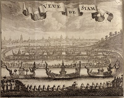Uitzicht op Ayutthaya met koninklijke pramen, uit Voyage du Siam des Peres Jesuites door Guy Tachard, 1688 door French School