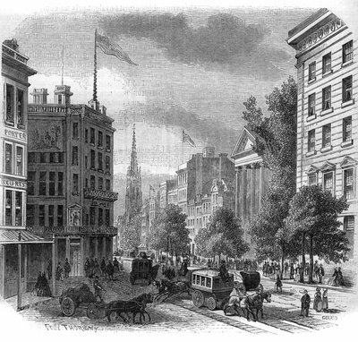 Zicht op Broadway in New York. Gravure uit 1862-1863. door French School