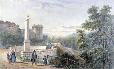 Uitzicht op Kasteel Dinan en het standbeeld van Duclos Pinot. Illustratie van de 19e eeuw bewaard in het Museum van Dinan door French School