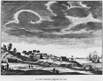 Uitzicht op Fort Frederik Hendrik, Mauritius, in 1642, illustratie uit Le Premier Etablissement Neerlandais a Maurice door Prins Roland Bonaparte (1858-1924) 1890 door French School