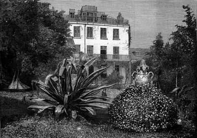 Uitzicht op Hauteville House, residentie van Victor Hugo tijdens zijn ballingschap op het eiland Guernsey. Gravure in 