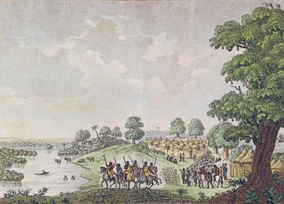 Uitzicht op Joal, handelsport in het Koninkrijk Sine, Senegal, ca. 1810 door French School
