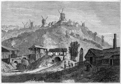 Zicht op Montmartre in 1859, voor de aansluiting bij de stad Parijs in 1860. Zicht genomen vanaf de vlakte Saint Denis. Gravure in 
