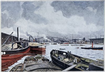 Uitzicht op Parijs, de Seine en het Bassin van de Villette, aquarel van Brun, 1889 door French School