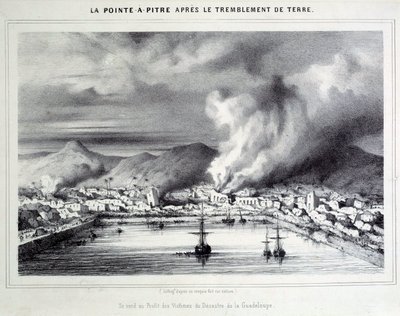 Uitzicht op Pointe a Pitre (Pointe-a-Pitre) na de aardbeving op 8/02/1843. Gravure uit de 19e eeuw Chartres, Musee des Beaux Arts door French School