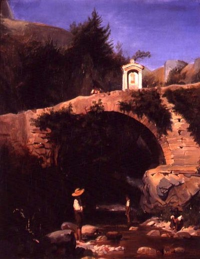 Uitzicht op een brug en rivier buiten Rome door French School