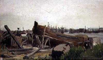 Uitzicht op een Scheepswerf, c.1860 door French School