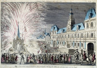 Uitzicht op een vuurwerk voor het Stadhuis ter ere van de Vrede door French School