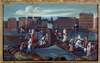 Zicht op een vissersboot en witkalkboten op de Quai de la Mégisserie in Parijs. 1670 door French School