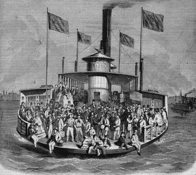 Zicht op een stoomboot die verbindingen maakt tussen de eilanden en de stad New York. Gravure door French School