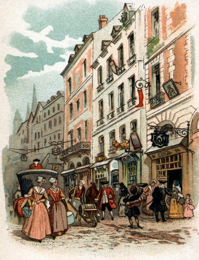 Straatbeeld van Parijs onder het bewind van koning Lodewijk XV, begin 18e eeuw (Chromolithografie uit het einde van de 19e eeuw) door French School