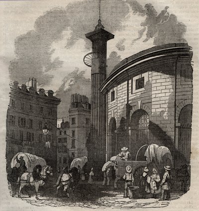 Uitzicht op halle au ble in Parijs (gebouwd in 1763-1769) en de Medici-kolom, gravure begin 19e eeuw - tarwe- en maïswissel in Parijs (gebouwd in 1763-1769), gravure begin 19e eeuw - Uitzicht op de Halle au ble, geplaatst op het huidige Hotel de Sois door French School