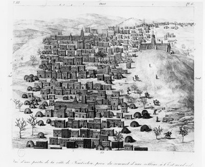 Uitzicht op een deel van de stad Timbuktu genomen vanaf een heuvel in het oosten, uit Voyage à Tombouctou door René Caillié, gepubliceerd 1830 door French School