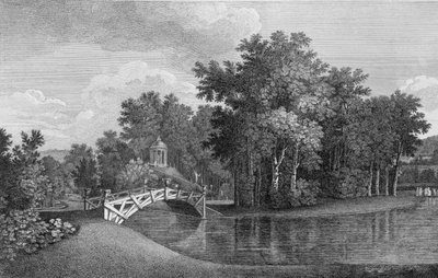 Uitzicht op de brug en de tempel van Venus in de tuinen van West Wycombe, uit Jardins Anglo-Chinois a la Mode, door George Louis le Rouge, gepubliceerd 1770-87 door French School
