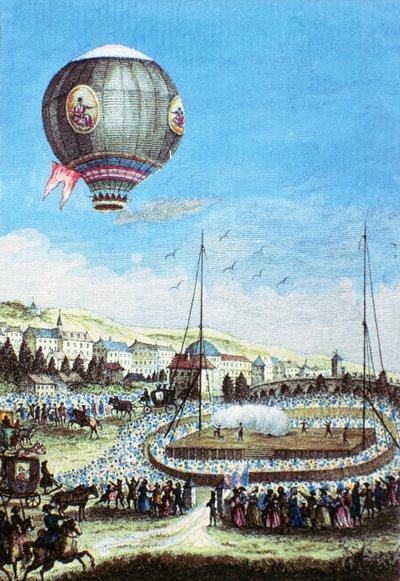 Uitzicht op de Brolteaux in Lyon en de derde vlucht van de Montgolfier heteluchtballon op 10 januari 1784 door French School