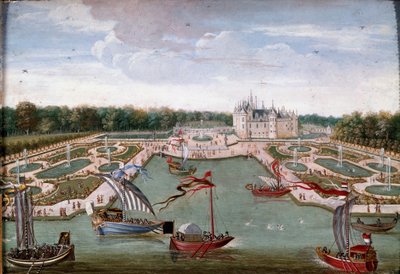Uitzicht op het Kasteel van Chantilly en de bedden genomen vanaf de Vertugadin door French School