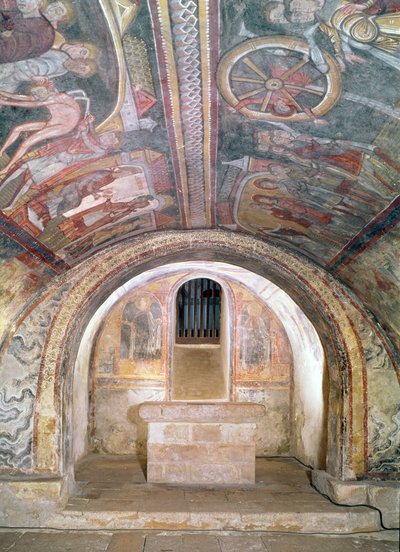 Zicht op de crypte en de legende van St. Savin en St. Cyprien door French School