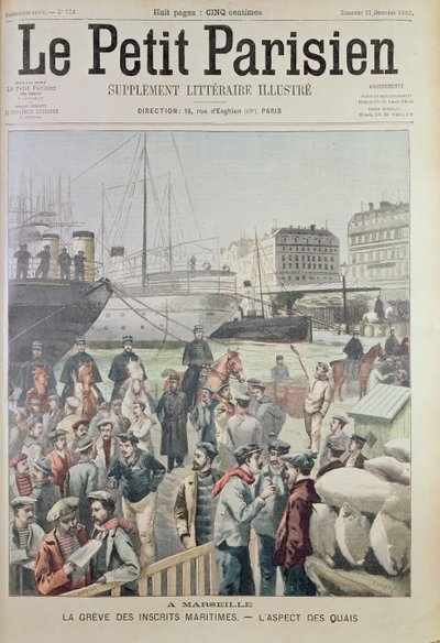 Uitzicht op de dokken in Marseille tijdens de maritieme staking, van de voorpagina van Le Petit Parisien, 21 december 1902 door French School