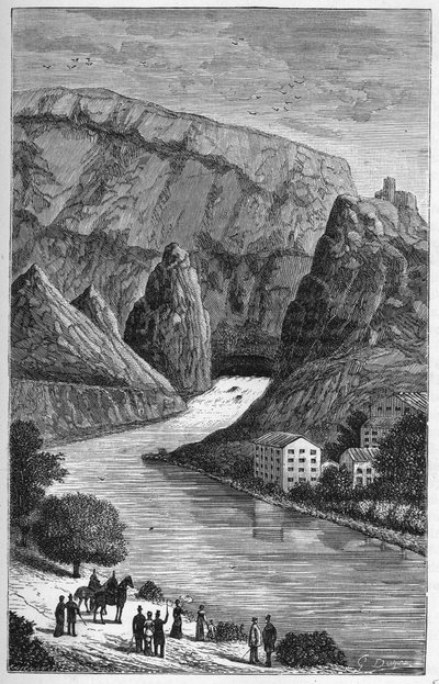 Uitzicht op de Fontaine du Vaucluse in het departement Vaucluse, regio Provence-Alpes-Côte d