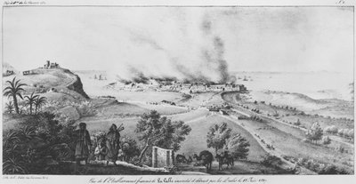 Uitzicht op de Franse vestiging in La Calle verbrand en vernietigd door de Arabieren op 18 juni 1827, illustratie uit Atlas de l