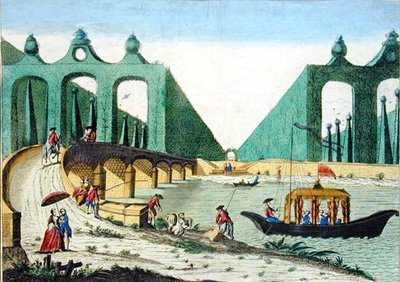 Uitzicht op de tuinen van Lord Hamilton richting een brug over de rivier de Theems nabij Londen door French School
