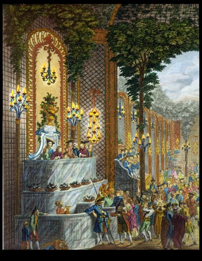 Zicht op het interieur in een van de kamers van de Place de Louis le Grand, zicht op de ingang van de Salon (detail) (kleurgravure) door French School
