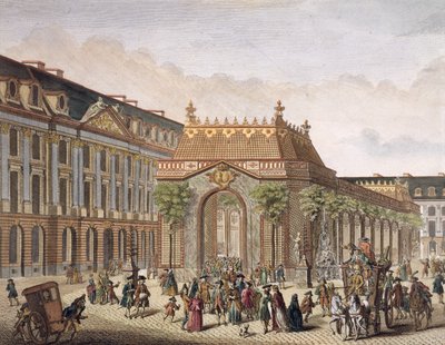 Zicht op de Place de Louis le Grand, met een van de kamers gebouwd voor de gelegenheid van het huwelijk van Monseigneur le Dauphin (detail) (kleurgravure) door French School