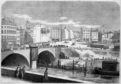 Uitzicht op de Saint Michel-brug (Saint-Michel), gebouwd in 1857, en Place Saint Michel (Saint-Michel) in Parijs door French School
