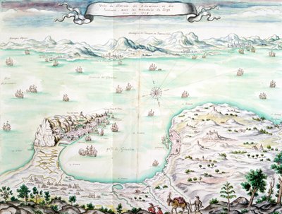 Uitzicht op het Beleg van Gibraltar in 1704 door French School