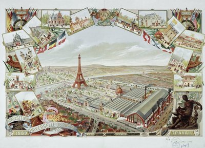 Uitzicht op de Wereldtentoonstelling met de verschillende paviljoens en de Eiffeltoren door French School