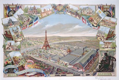 Uitzicht op de Wereldtentoonstelling met de verschillende paviljoens en de Eiffeltoren, 1889 door French School