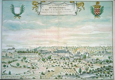 Uitzicht op de abdij van Fontevrault (Fontevraud) in Maine en Loire. door French School