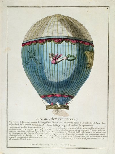Uitzicht op de ballon gebruikt door Francois Pilatre de Rozier (1754-85) in Versailles op 23 juni 1784 door French School