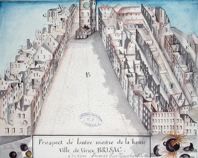 Uitzicht op het centrum van Brisach na Franse bombardementen in 1793 door French School