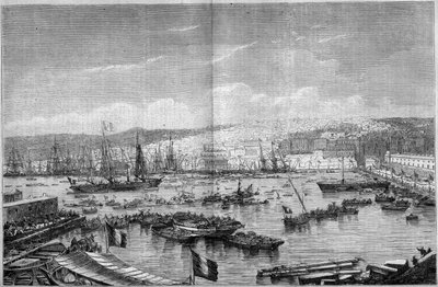 Zicht op de stad en haven van Algiers (Algerije), tijdens de aankomst van Napoleon III en keizerin Eugenie de Montijo, 17 september door French School