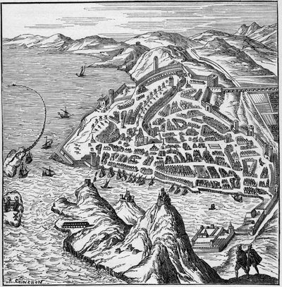 Uitzicht op de stad en haven van Marseille in de 16e eeuw. Gravure in 
