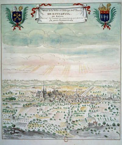 Zicht op de stad en de abdij van Saint Pierre de Bourgueil door French School