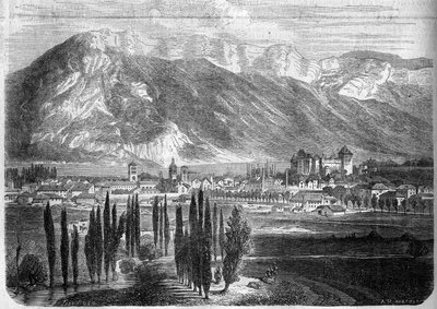 Uitzicht op de stad Annecy, genomen vanaf de weg naar Genève. Haute Savoie (74) door French School