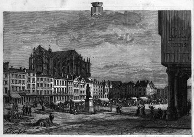 Zicht op de stad Beauvais in de Oise. Gravure uit 1880 in La republique illustree. Privécollectie. door French School