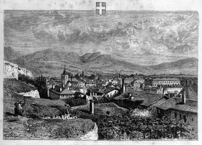 Uitzicht op de stad Chambery in Savoye. Gravure uit 1880 in "La republique illustree" privécollectie. door French School