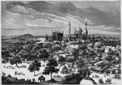 Uitzicht op de stad Delhi (India) in 1857. Naar een schets van Prins Alexis Soltykoff. Gravure door Bertrand in 