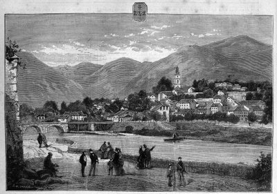 Uitzicht op de stad Digne in de Lage Alpen. Gravure uit 1880 in 