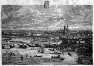 Uitzicht op de stad Tours in de Indre-et-Loire. Gravure uit 1880 in 