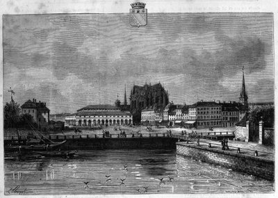 Uitzicht op de stad Troyes in de Aube. Gravure uit 1880 in 