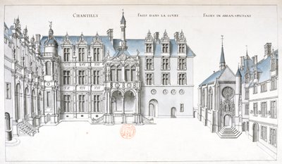 Uitzicht op de binnenplaats en kapel in Chantilly door French School