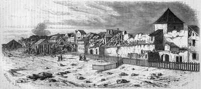 Uitzicht op de wijk van de stad Kastrich, in Mainz (Duitsland), na de explosie van het kruitvat in 1857. Van een foto. Gravure in 